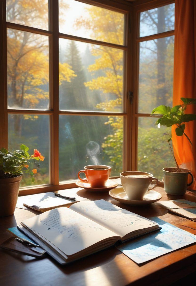 A serene writer's desk bathed in soft morning light, adorned with a steaming cup of coffee and an open notebook filled with colorful sketches of thoughts and ideas. An ambient backdrop of nature through a window, symbolizing inspiration and creativity, while virtual narrative bubbles float around, depicting engaging storytelling elements. super-realistic. vibrant colors. calm atmosphere.