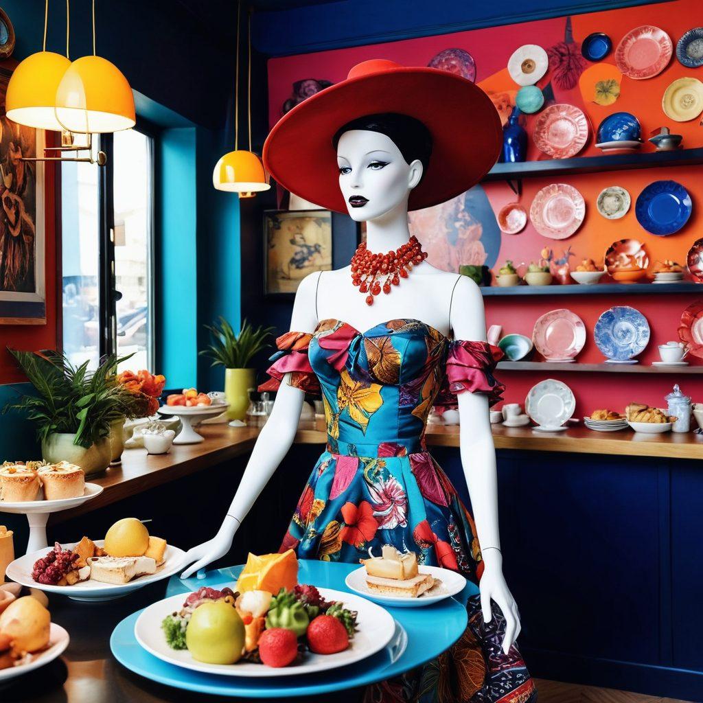 A whimsical cafe with a fusion of food and fashion elements, featuring a stylishly dressed mannequin holding a plate of exotic dishes, surrounded by vibrant fashion sketches and accessories. The ambiance combines playful elements of culinary delights with chic outfits, inviting the viewer on a genre-bending journey. Bright, imaginative colors and a touch of surrealism to emphasize creativity and exploration. vibrant colors. surreal art.