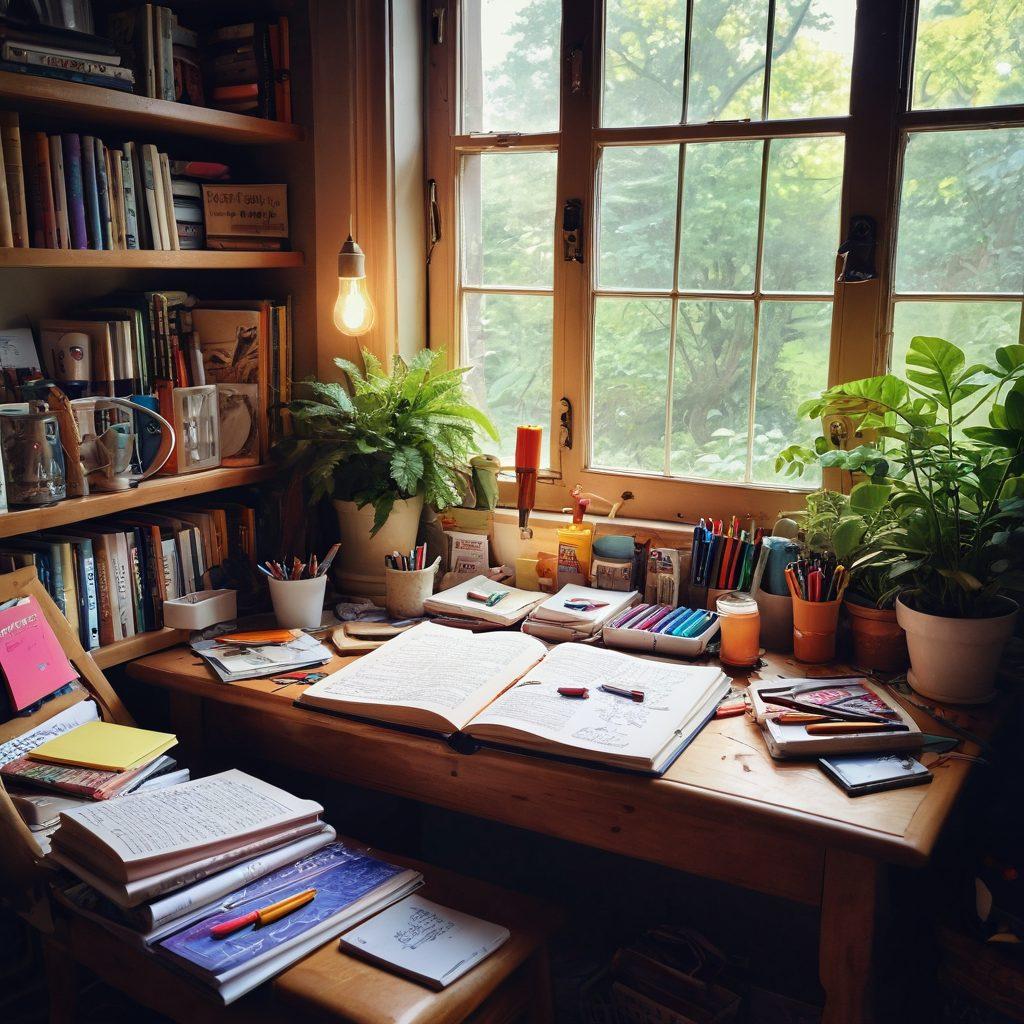 A whimsical scene depicting an open diary surrounded by vibrant arts and crafts supplies, including colorful pens, paints, and sticky notes. The diary pages are filled with doodles, sketches, and inspiring quotes. A soft light filters through a nearby window, illuminating the creative chaos. In the background, a cozy writing nook with bookshelves and plants. super-realistic. vibrant colors. soft lighting.